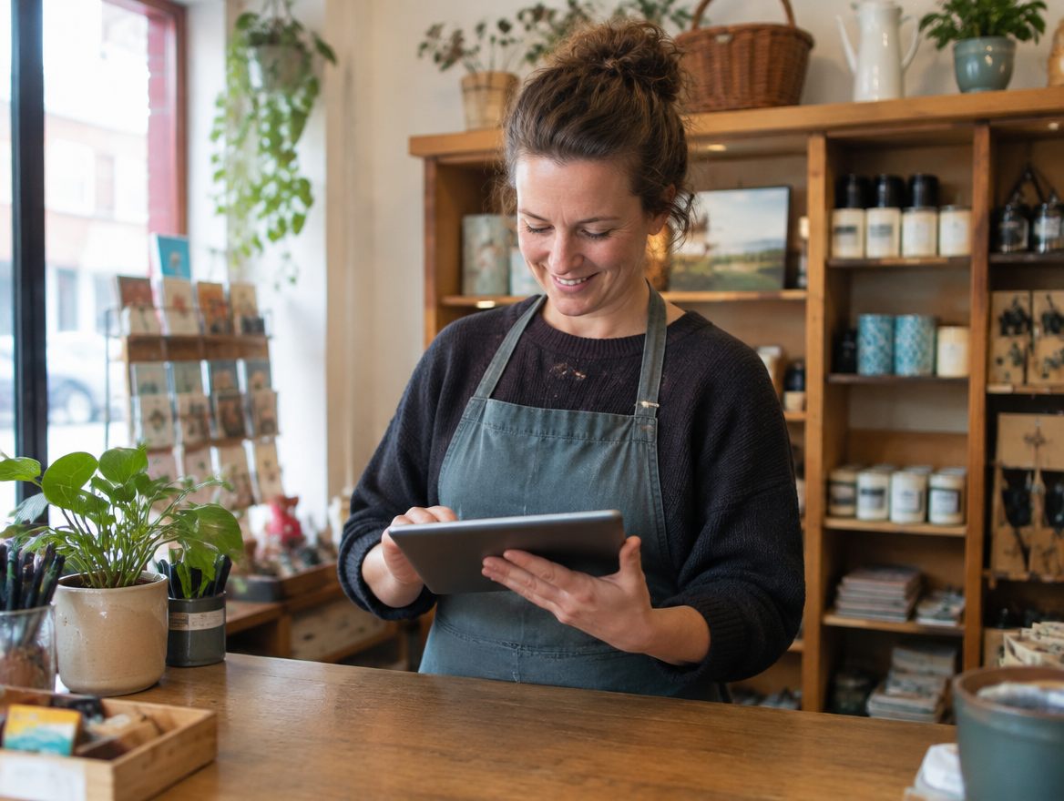 An independent business owner checking a tablet behind the counter